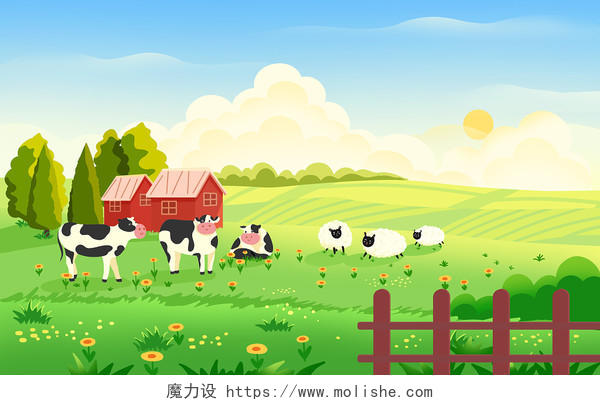 宽阔的卡通农场插画乡村动物插画